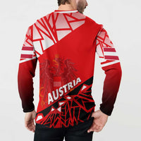 Red button sweatshirt back with Austria emblem and flag pattern, long sleeves