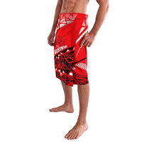 Red graphic swim shorts with AUSTRIA text and eagle emblem, black trim