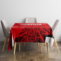 Red tablecloth with bold Austria text and geometric lines