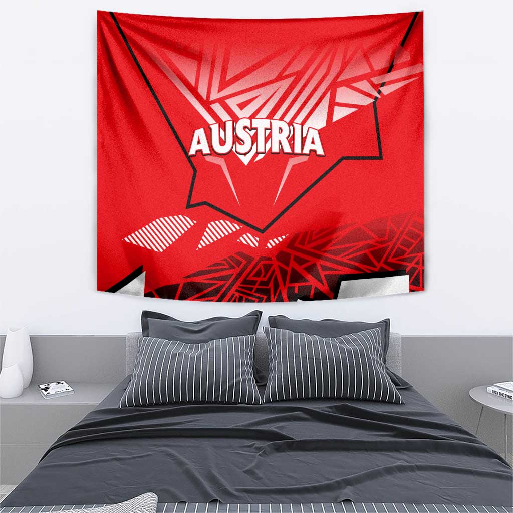 Red Austria tapestry with large “AUSTRIA” text and eagle-style emblem