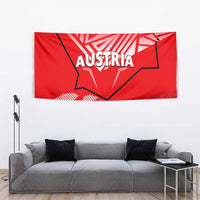 Red Austria tapestry wall hanging with “AUSTRIA” title and geometric eagle design
