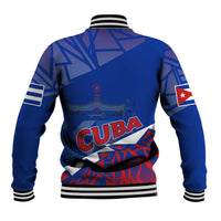 Blue baseball jacket back view with CUBA graphic, red geometric design, striped cuffs and hem