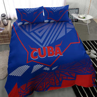 Blue bedding set with "CUBA" logo center and red/blue geometric artwork