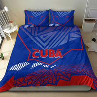 Blue bedding set with "CUBA" text and bold red geometric accents, two pillows