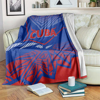 Blue Cuba blanket with red and white graphic design and large CUBA lettering