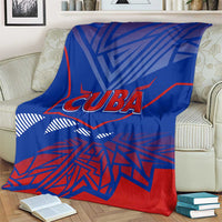 Blue Cuba blanket with large CUBA lettering and red-and-white geometric stripes