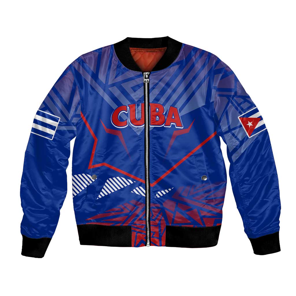 Blue unisex bomber jacket with front zip and bold Cuba graphic, ribbed cuffs and hem
