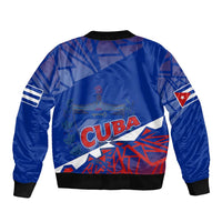 Blue bomber jacket with back graphic and ribbed crew neck, cuffs, and hem