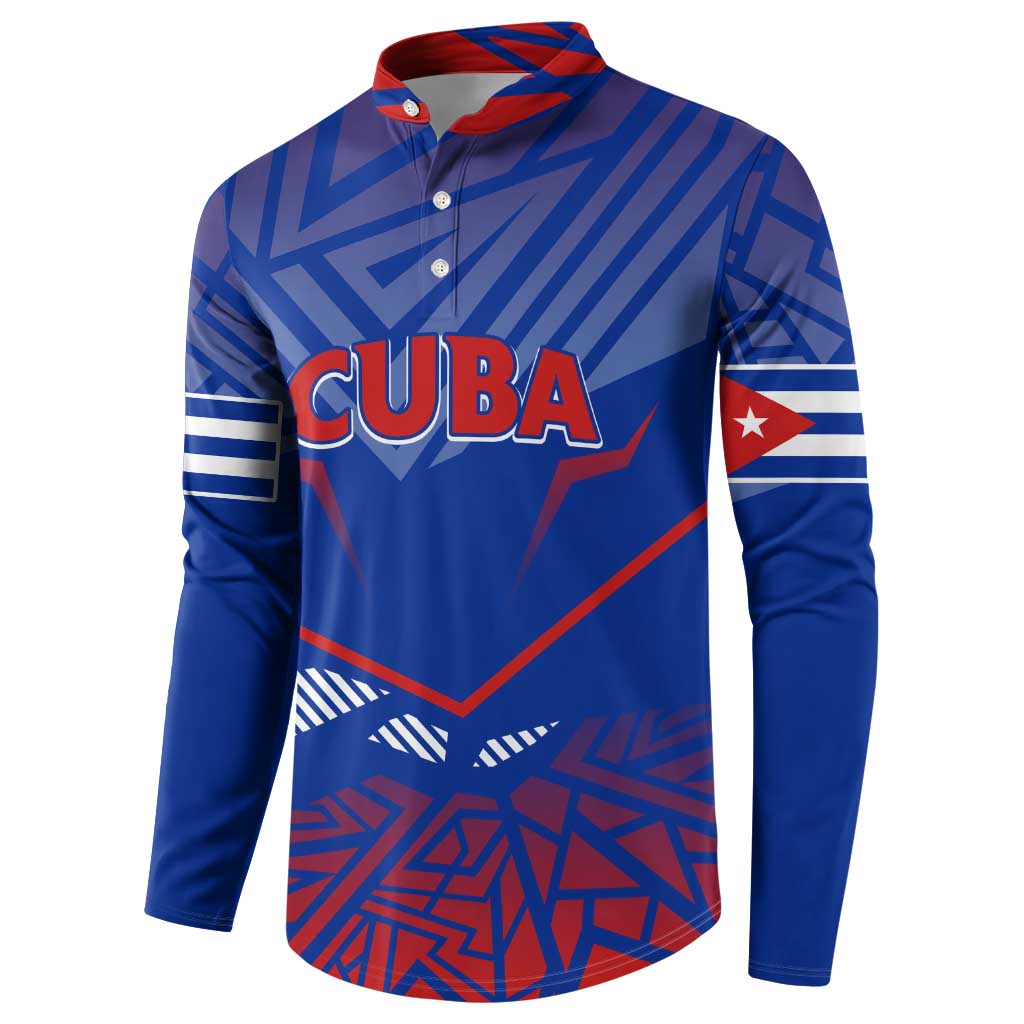 Blue button-up sweatshirt with Cuban logo and flag sleeve stripes, long sleeves.