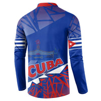 Blue back view button-up sweatshirt with Cuban emblem and flag elements, long sleeves.