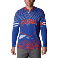 Blue Cuban graphic button-up sweatshirt, long sleeves, red/white striped accents.