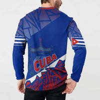 Blue Cuban graphic button-up sweatshirt, back print with flag and stripe details, long sleeves.