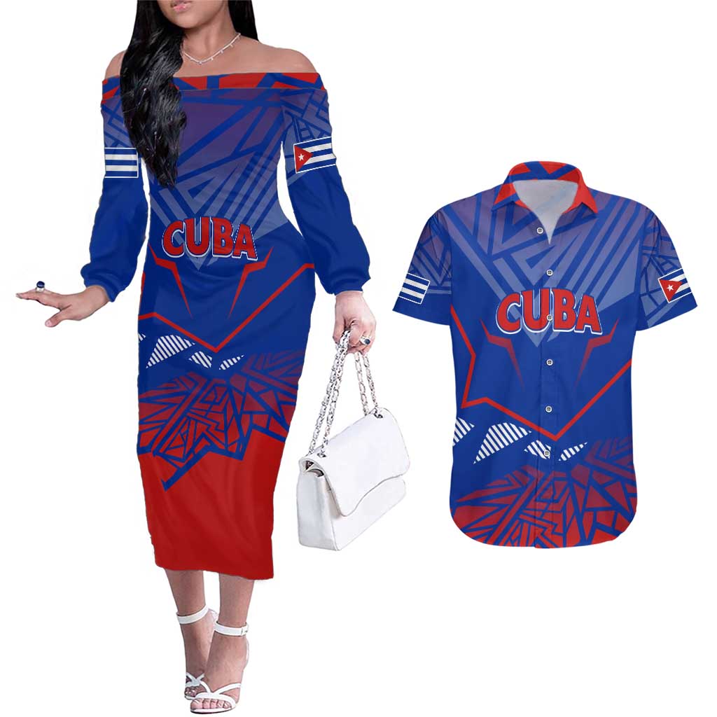 Forever Cuba Couples Matching Off The Shoulder Long Sleeve Dress and Hawaiian Shirt Patria o Muerte, Venceremos - Wonder Print Shop