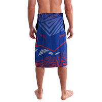 Blue graphic swim shorts, back view, red and dark geometric shapes