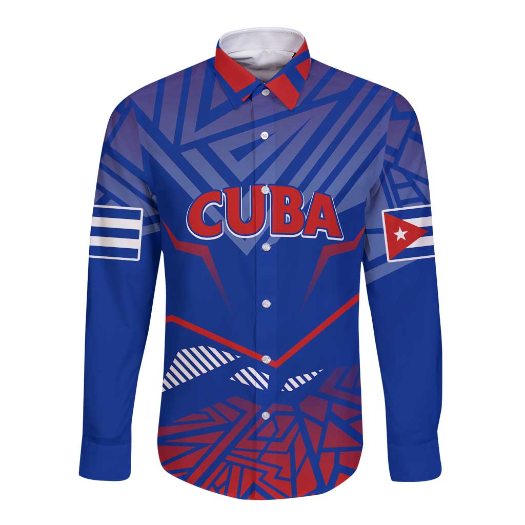 Blue long-sleeve button shirt with Cuba logo and abstract red/white pattern, front view