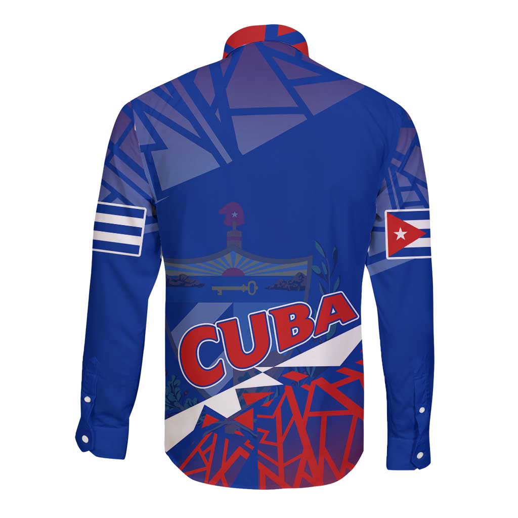 Blue long-sleeve button shirt with Cuba graphic, back view and striped collar