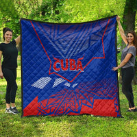 Blue quilt with red outline Cuba map, CUBA text, white striped waves, red geometric bottom