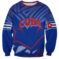 Unisex blue crewneck sweatshirt with 'CUBA' graphic and Cuban flag print