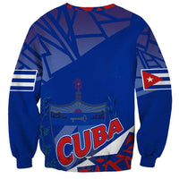Unisex blue crewneck sweatshirt with large 'CUBA' graphic on back and Cuban flag sleeve