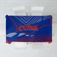 Blue and red patterned tablecloth with bold 'CUBA' graphic