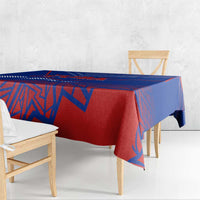 Blue and red geometric tablecloth with overhanging edge