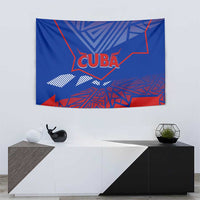 Blue Cuba tapestry with red “CUBA” text, outlined map shape, and geometric marks
