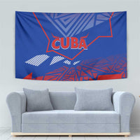 Blue Cuba wall tapestry with red “CUBA” title and abstract red-and-blue imagery