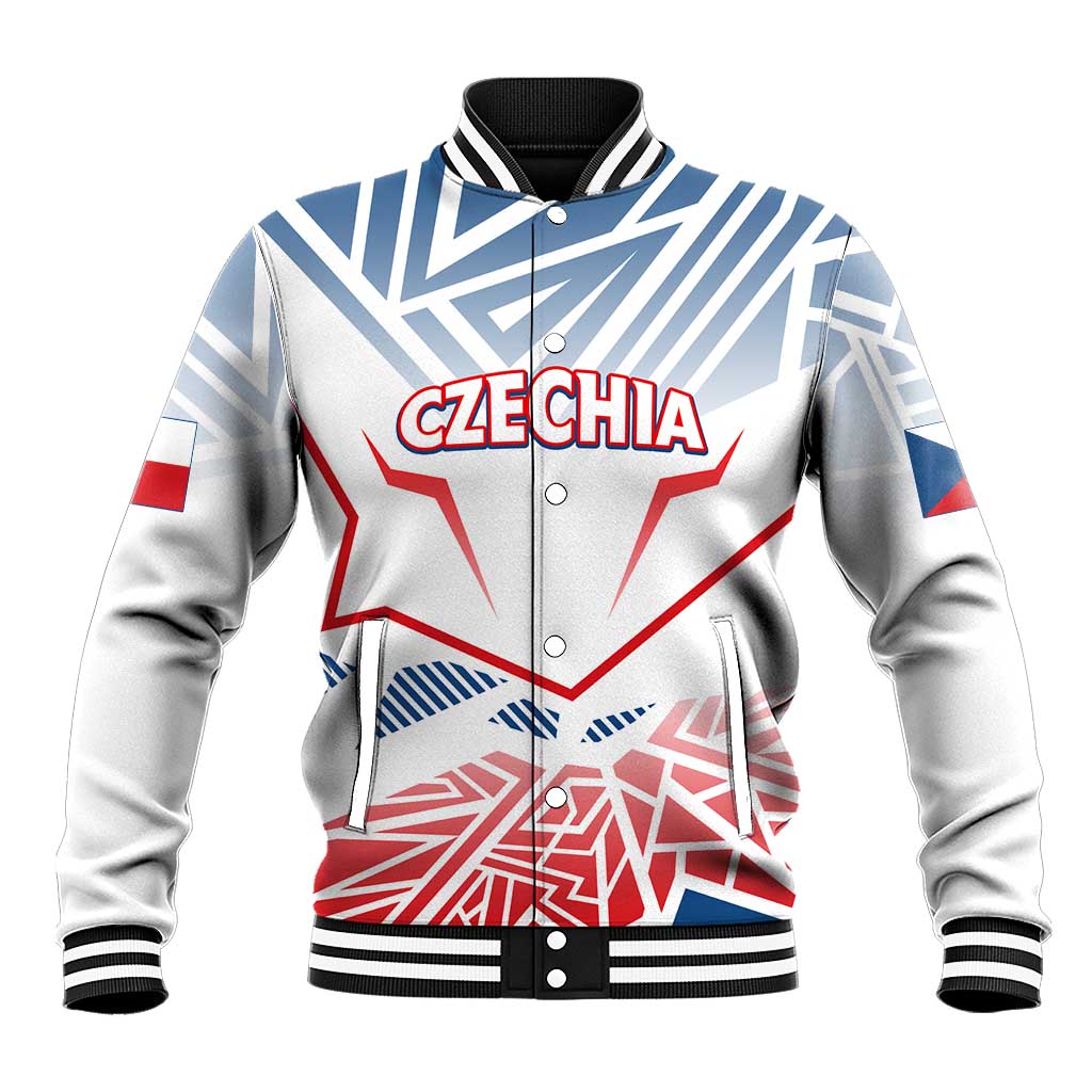 Unisex baseball jacket in light gray with blue and red Czech graphic, striped collar