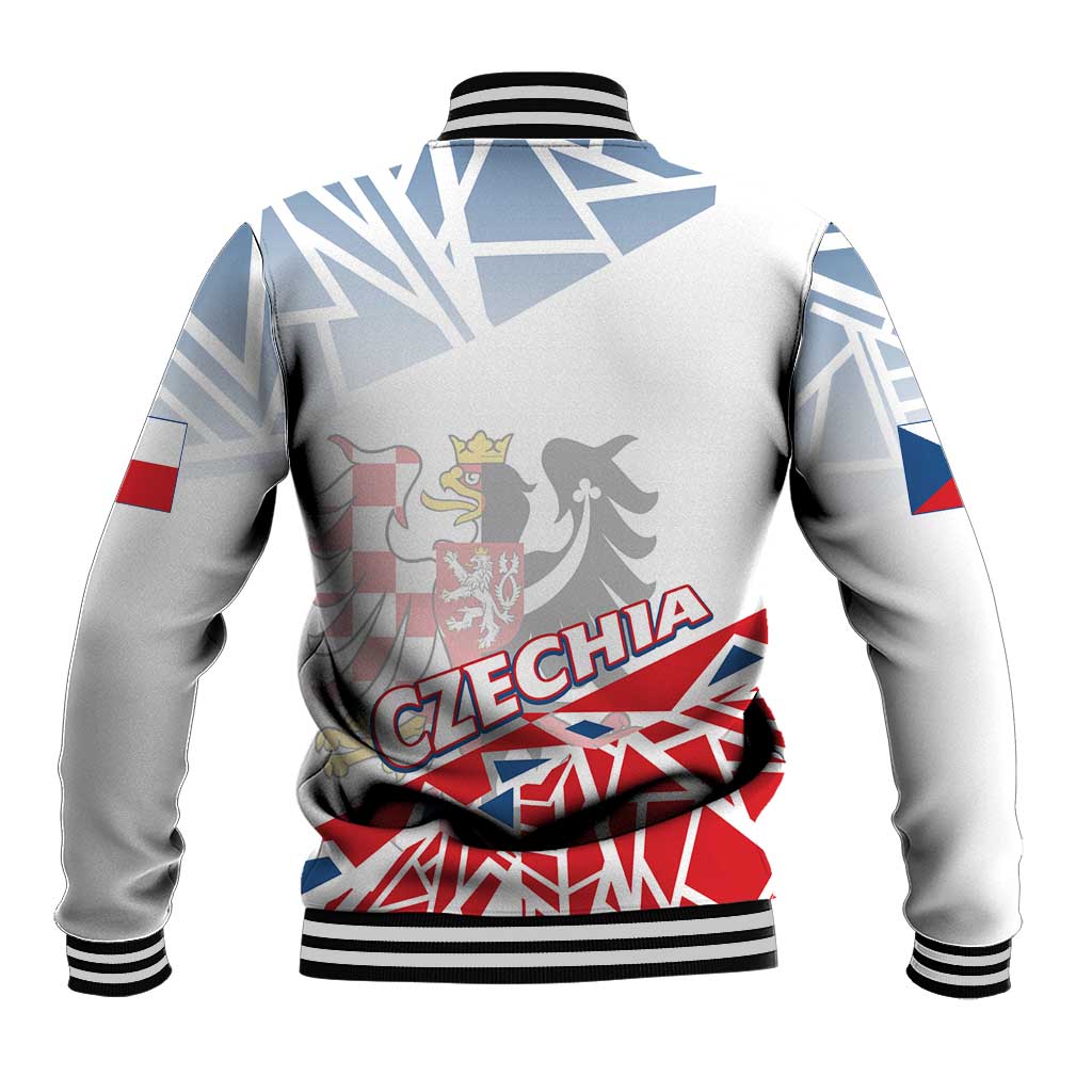 Unisex baseball jacket back view in light gray with Czechia crest, blue/red stripes