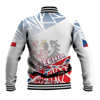 Unisex baseball jacket back view in light gray with Czechia crest, blue/red stripes
