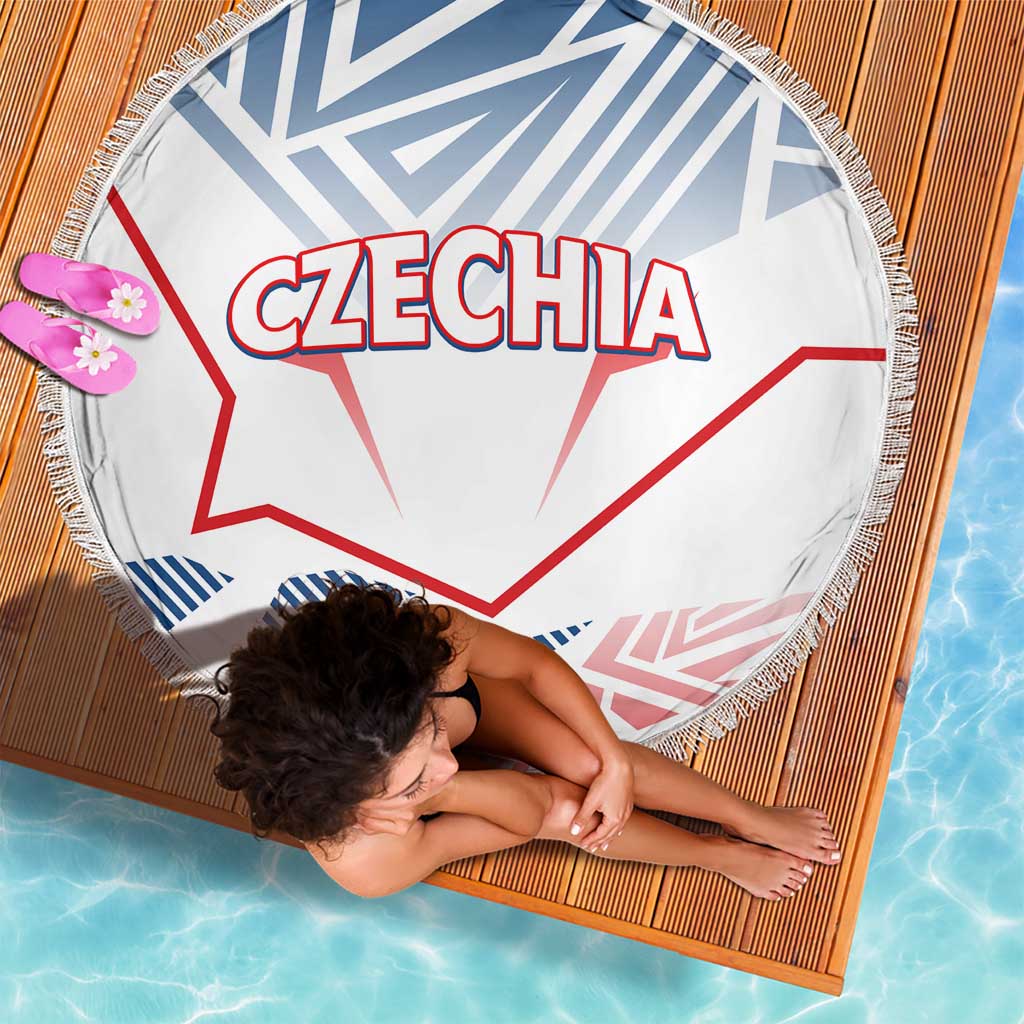 Round beach blanket with CZECHIA lettering and map graphic, blue/red design, fringed edge