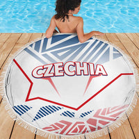 Round beach blanket with CZECHIA map and lettering, blue and red striped design, fringed border