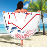 Round beach blanket with CZECHIA map graphic, blue stripes and red outline, tassel fringe