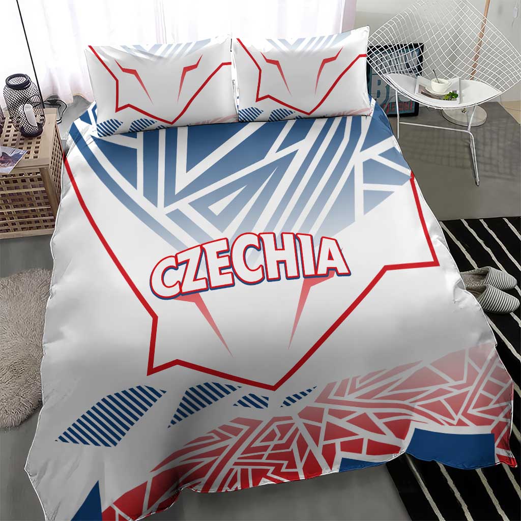 Czechia duvet cover detail with bold red and blue geometric design on white fabric