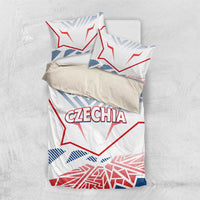 Czechia bedding set laid flat: white duvet with red/blue graphics and matching pillowcases