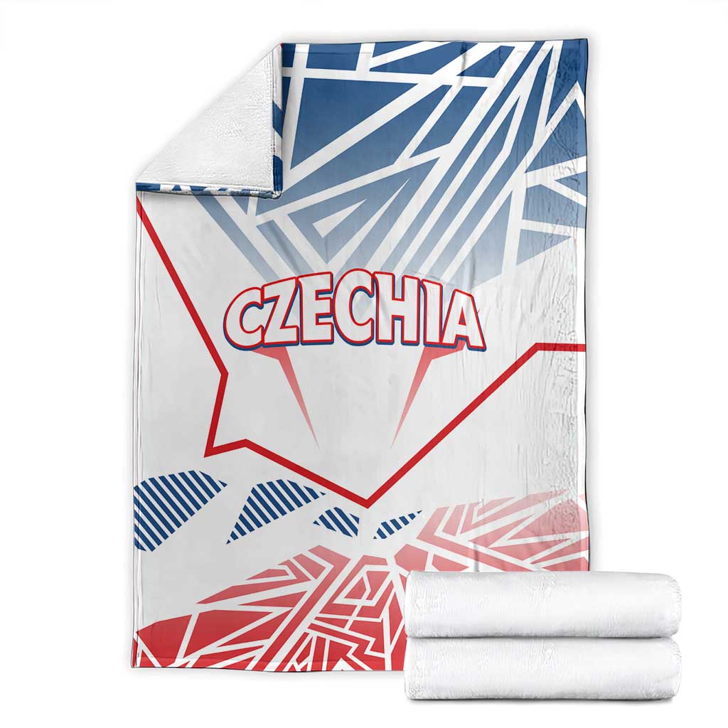 Folding Czechia blanket with CZECHIA text, blue and red geometric flag pattern