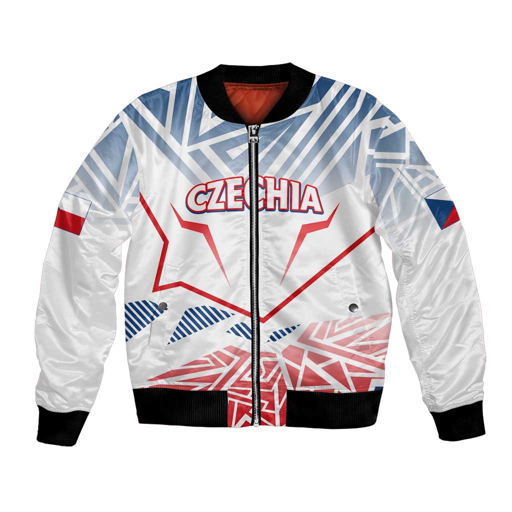 Unisex white bomber jacket with red-blue Czechia emblem, front zip, ribbed black cuffs