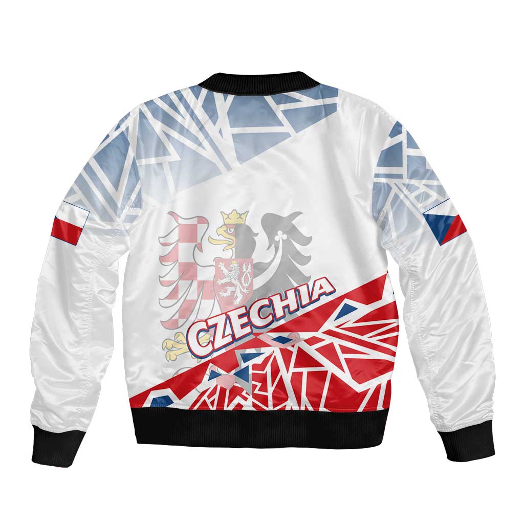 Unisex white bomber jacket with Czechia flag graphic, ribbed black collar and cuffs