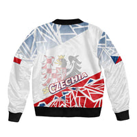 Unisex white bomber jacket with Czechia flag graphic, ribbed black collar and cuffs