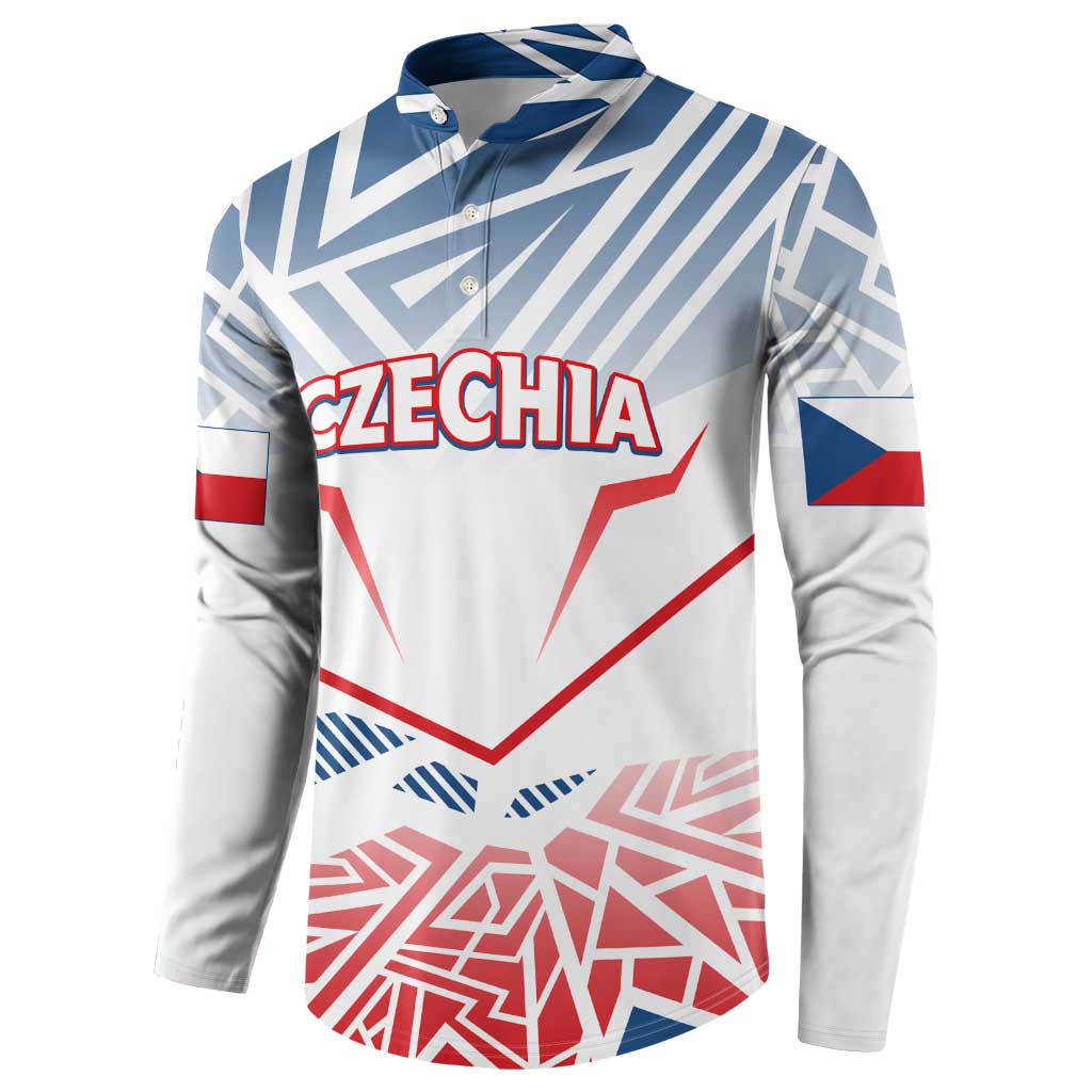 Blue-and-white button sweatshirt with CZECHIA logo and flag stripe pattern on front