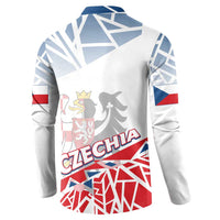 Blue-and-white button sweatshirt with back crest, star icons, and CZECHIA text
