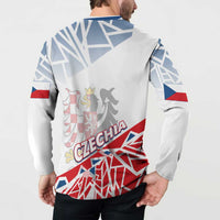 Blue-and-white button sweatshirt with large back crest, flag stripes, and CZECHIA text