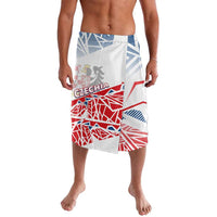 Graphic flag print shorts, blue red and white, elastic waistband, knee length