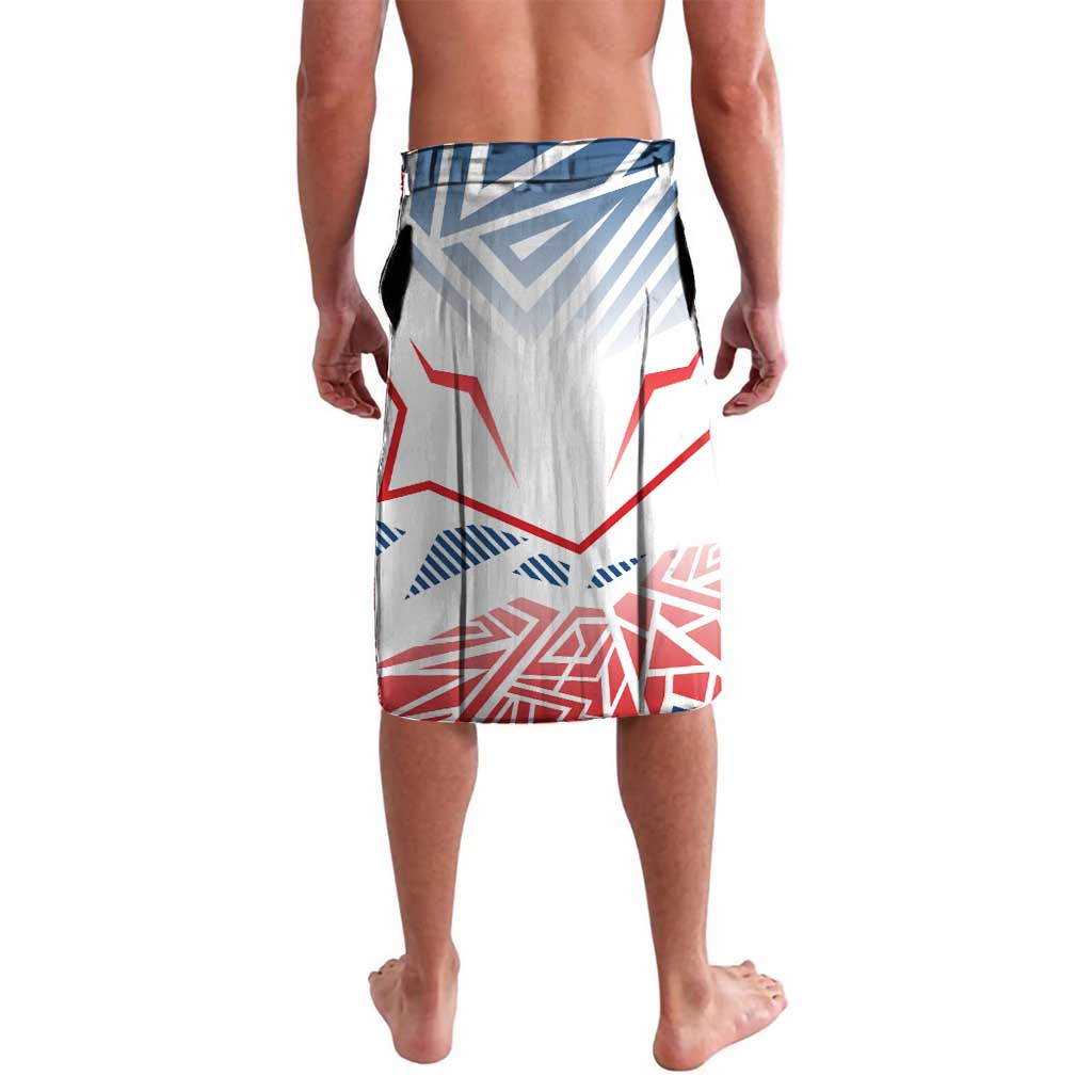 Graphic flag print board shorts, blue red and white, straight knee-length cut