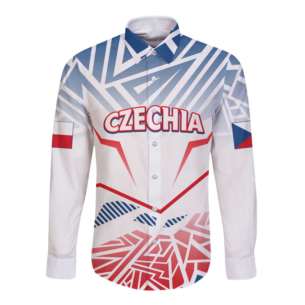 Long-sleeve button-up shirt with Czech flag and Union Jack graphics, front view