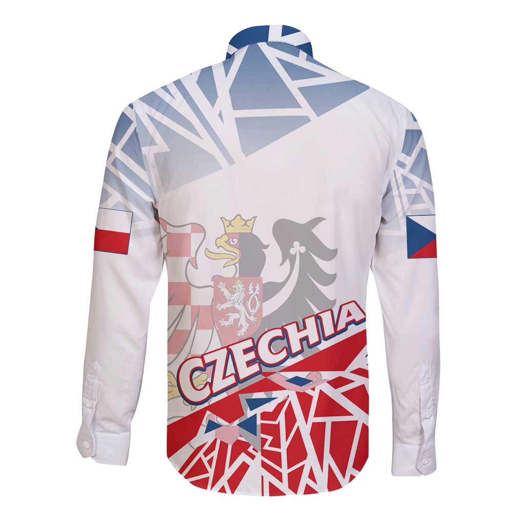 Long-sleeve button-up shirt with Czech flag and Union Jack graphics, back view