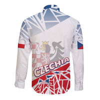 Long-sleeve button-up shirt with Czech flag and Union Jack graphics, back view