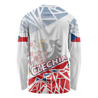 Unisex long-sleeve shirt, white with blue accents, CZECHIA text and crest, back view