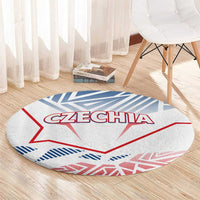Round carpet with “CZECHIA” lettering, blue geometric stripes, and red frame