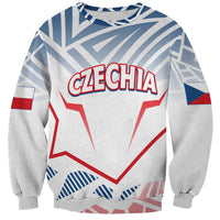 Unisex sweatshirt with Czechia text over red-blue abstract graphic and flag sleeve patches